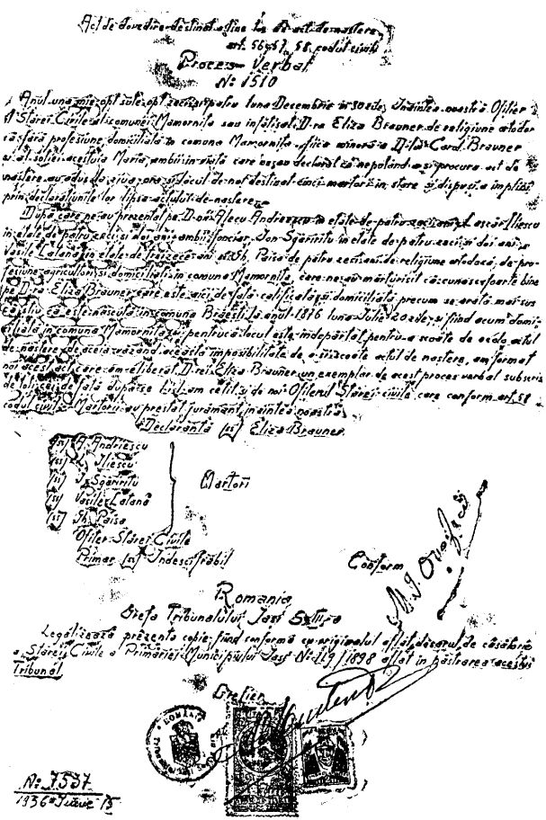 certificatul de naștere al mamei lui Corneliu Codreanu, Elza Brauner