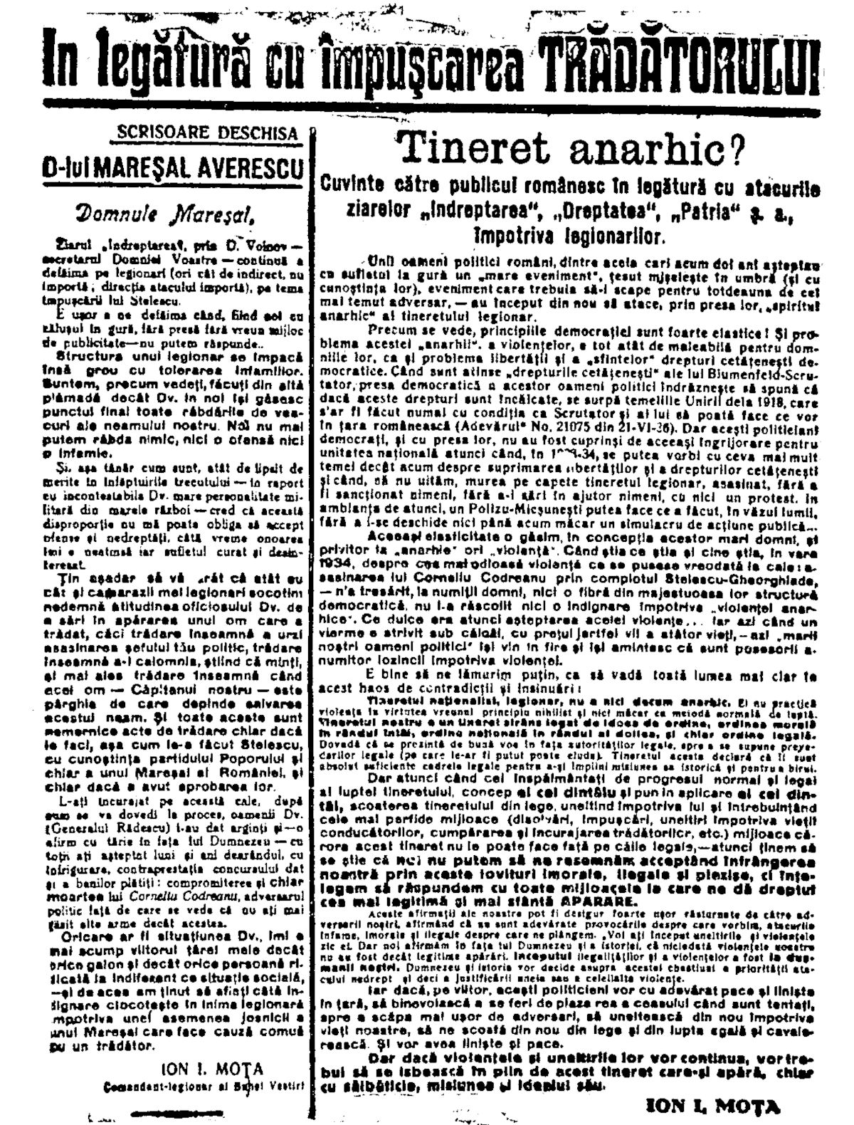 Ion Moța - In legătură cu împușcarea trădătorului