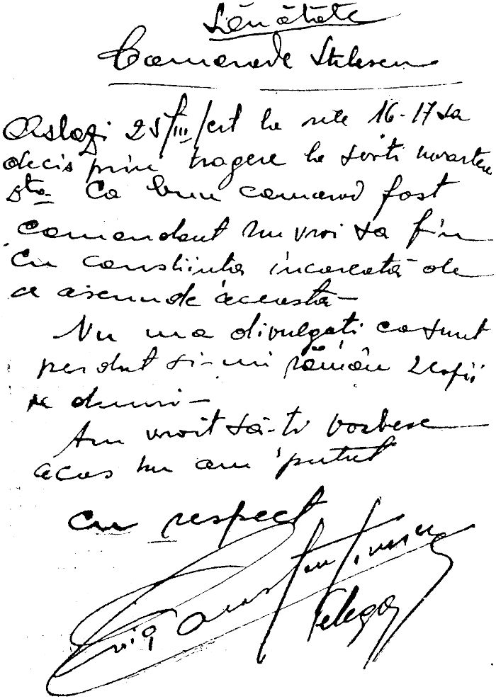 Scrisoare de amenințare cu asasinarea lui Stelescu